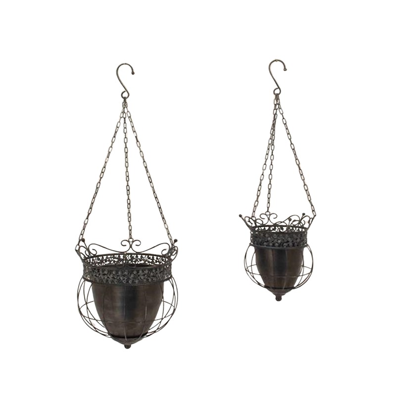 Zaer Ltd International Pre-Order: Set/2 Hanging Antique Bronze Ornate Metal Basket Planters "Riordan" ZR240868-BZ