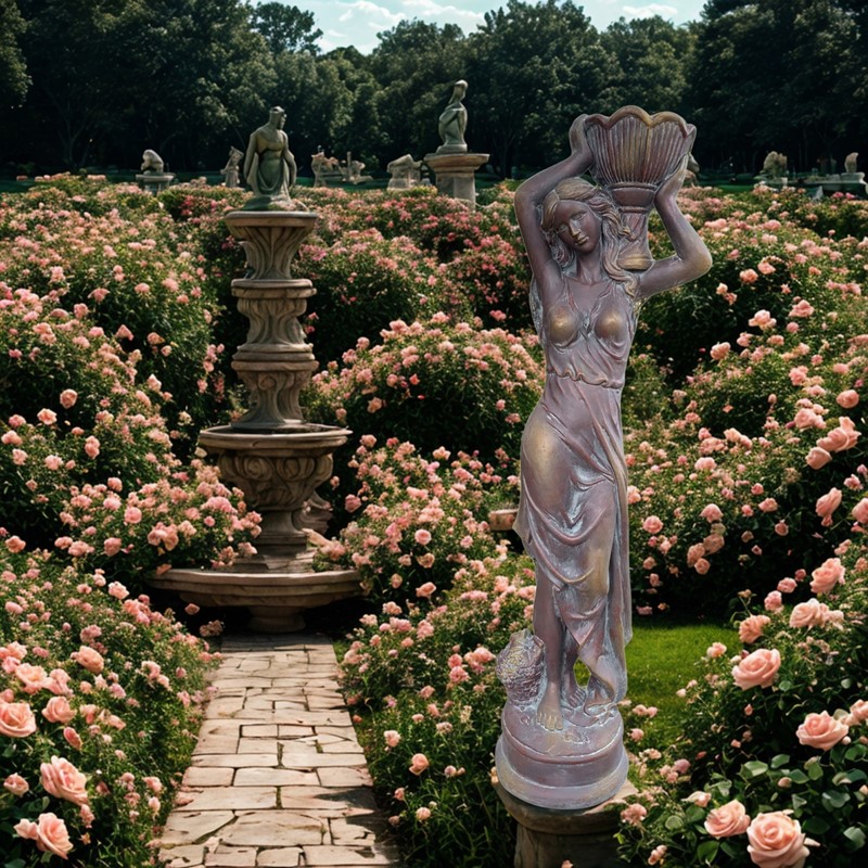 Zaer Ltd International Pre-Order: 71"T Lady Statue Carrying Flower Pot in Blue-Bronze (Left) "Dariia" ZR267371-BB