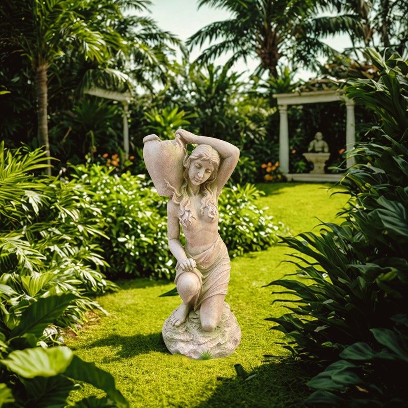 Zaer Ltd International Pre-Order: 41" Tall Lady Kneeling with Urn on Shoulder in Moss-Grey "Rachael" ZR267141-MG