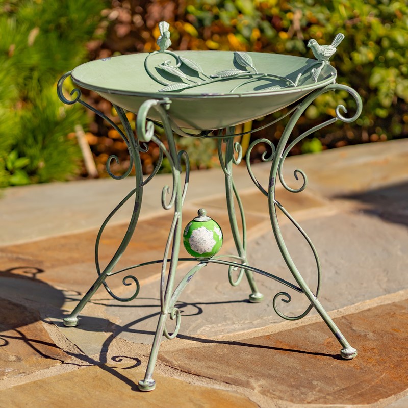 Zaer Ltd. International 23" Tall Iron Birdbath with Bird Details & Porcelain Accent in Green "Rome 1945" ZR180891-GR