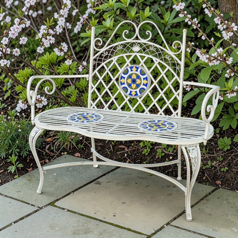 Zaer Ltd International 47.25" San Marino Metal Mosaic Garden Bench in Antique White "Turin" ZR250040-AW