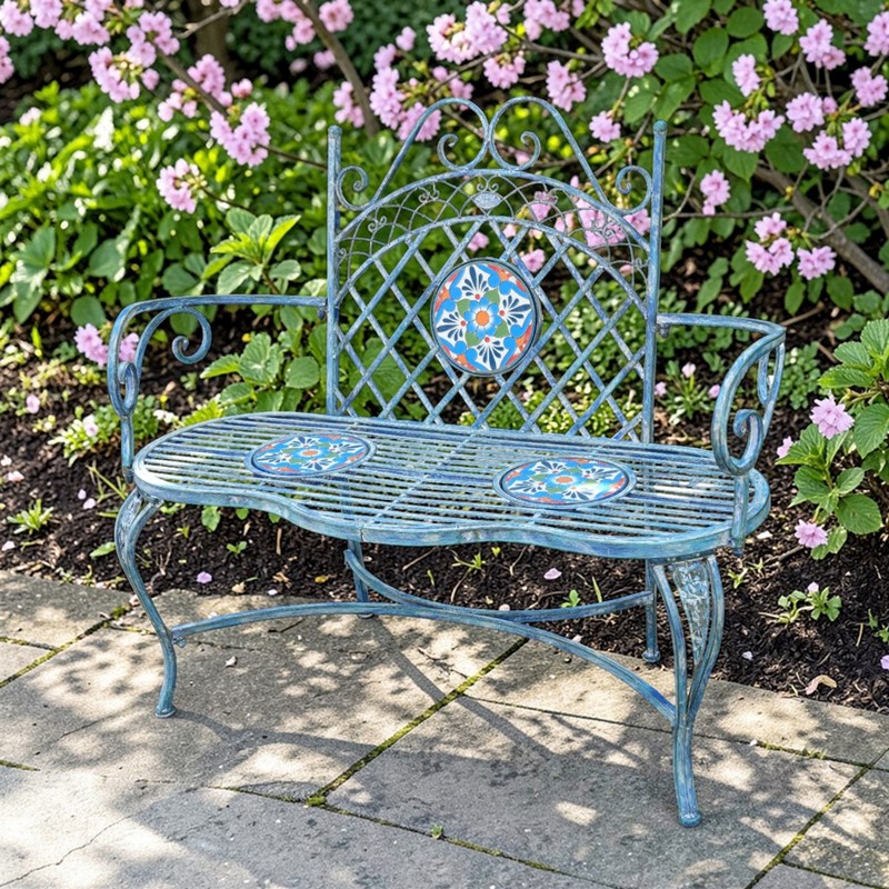 Zaer Ltd International 47.25" San Marino Metal Mosaic Garden Bench in Mossy-Blue "Sardinia" ZR250040-BL