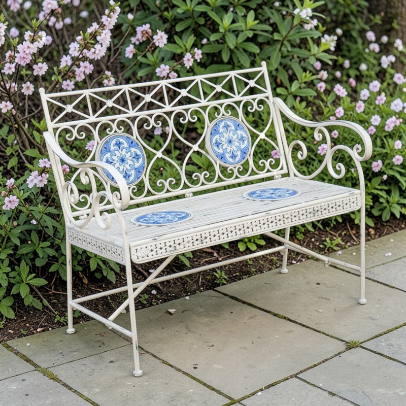 Zaer Ltd International 43" Long Montpellier Mosaic Metal Rectangular Garden Bench "Écusson" ZR250061-AW