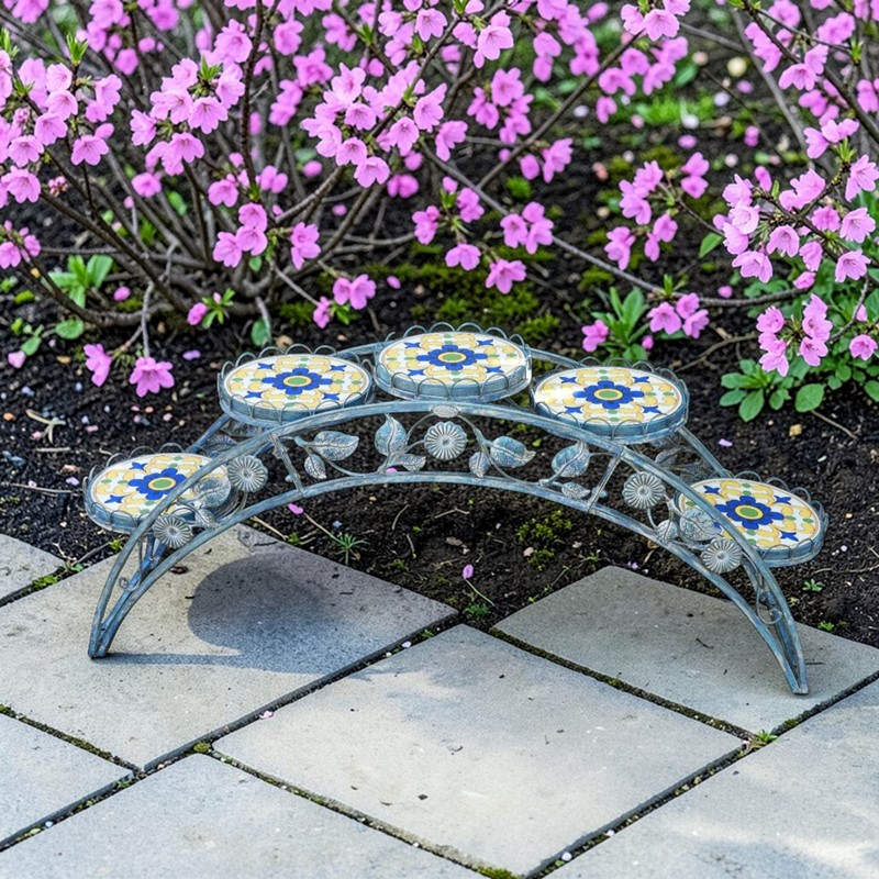 Zaer Ltd. International 5ft. Santorini Bridge-Like Iron & Mosaic Plant Stand in Blue "Piazza" ZR250080-BL