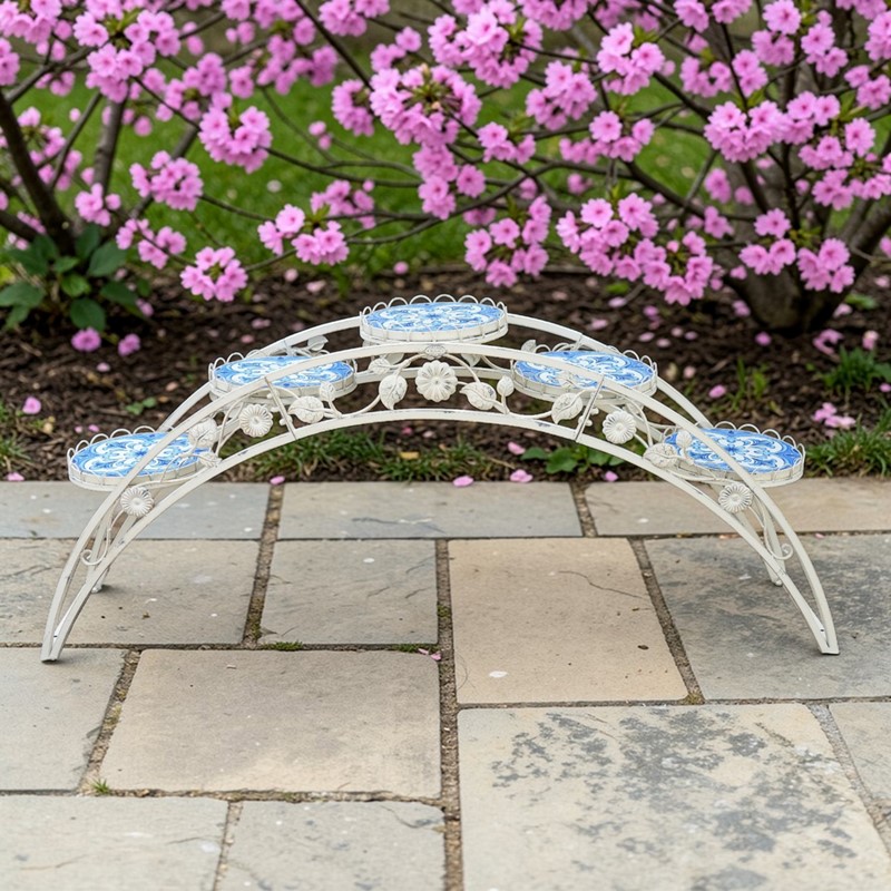 Zaer Ltd. International 6.5ft Santorini Bridge-Like Iron & Mosaic Plant Stand in Antique White "Écusson" ZR250081-AW