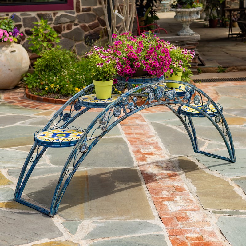 Zaer Ltd. International 6.5ft Santorini Bridge-Like Iron & Mosaic Plant Stand in Mossy-Blue "Piazza" ZR250081-BL