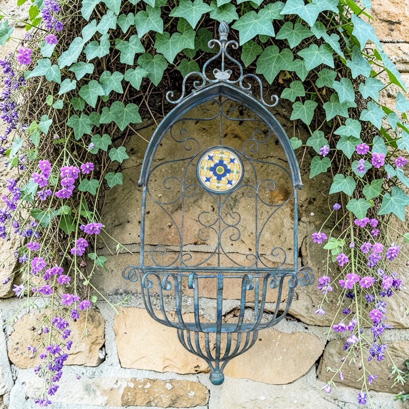 Zaer Ltd. International Santorini Iron & Mosaic Hanging Wall Planter in Mossy Blue "Piazza" ZR250083-BL