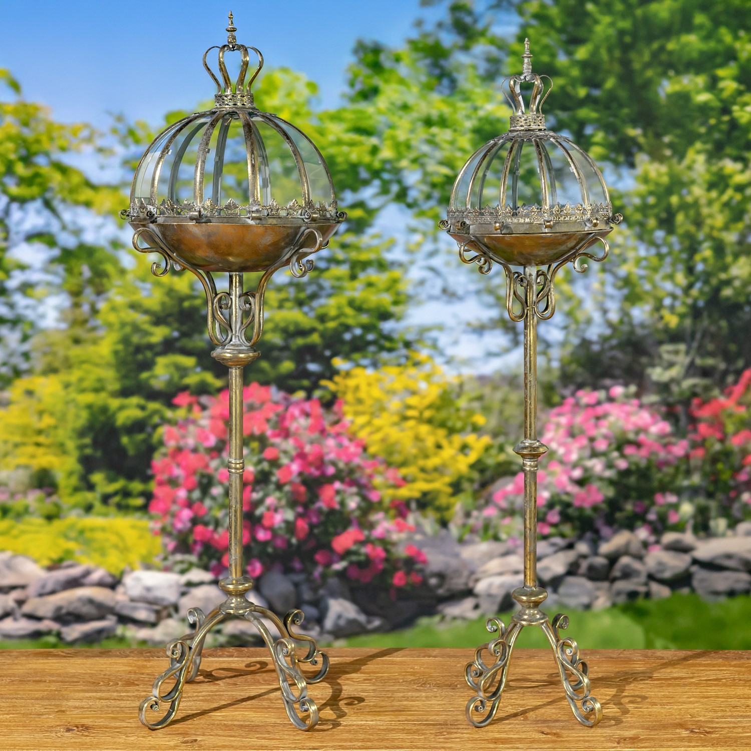 Set of 2 Standing Iron & Glass Dome Lanterns/Terrariums in Frosted