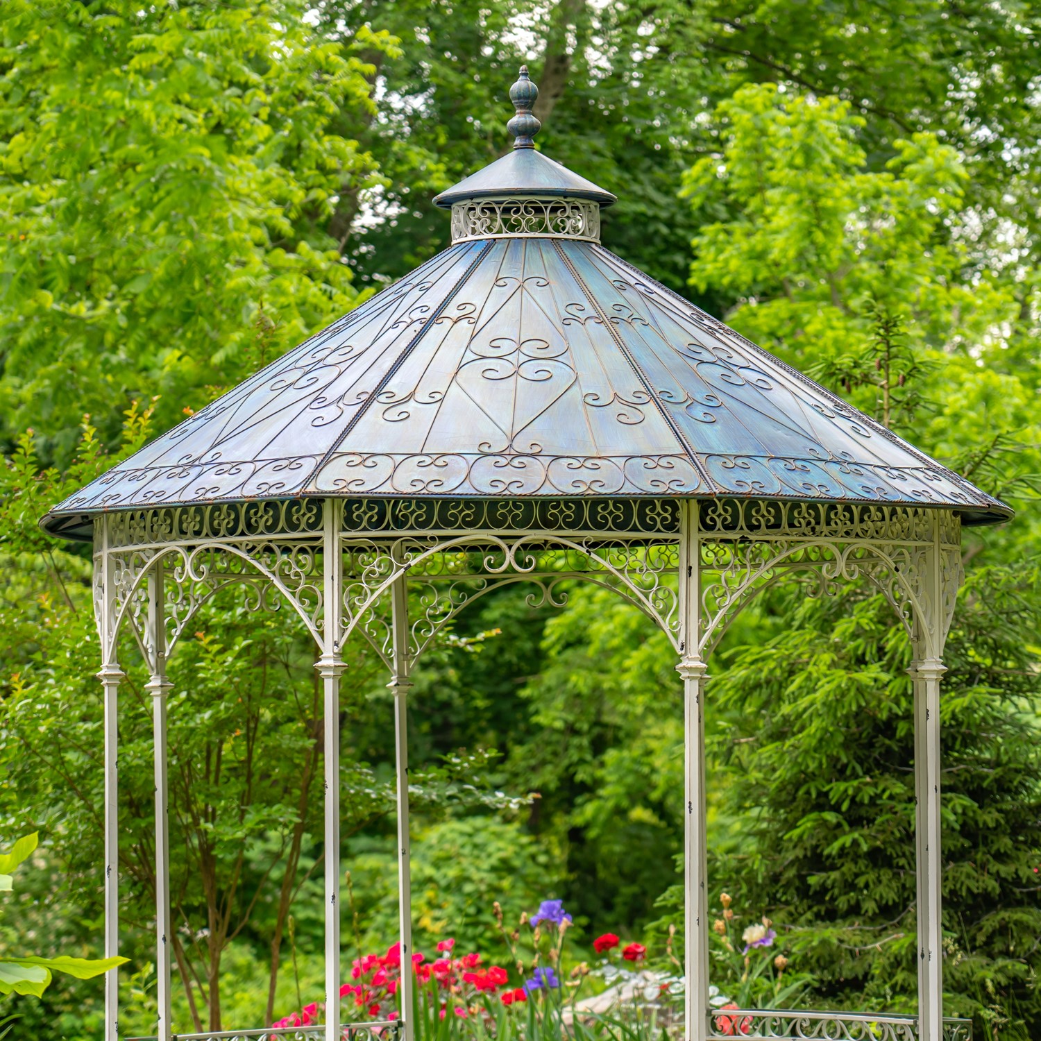 11ft. Tall Round Iron Gazebo with Four Side Walls & Flower