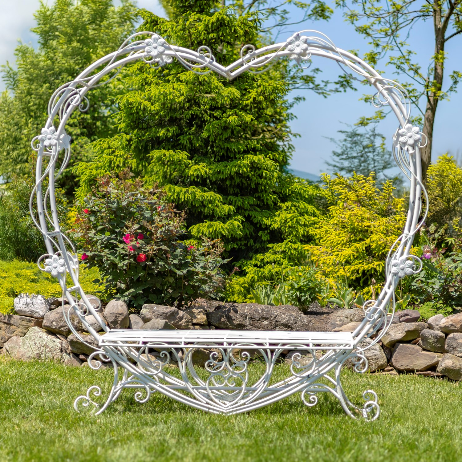 6.8ft. Tall Heart-Shaped Iron Bench in Antique White 