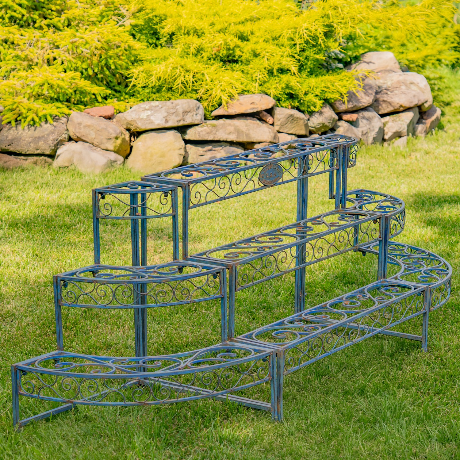 Three Tier Metal Riser Plant Stand Display in Cobalt Blue