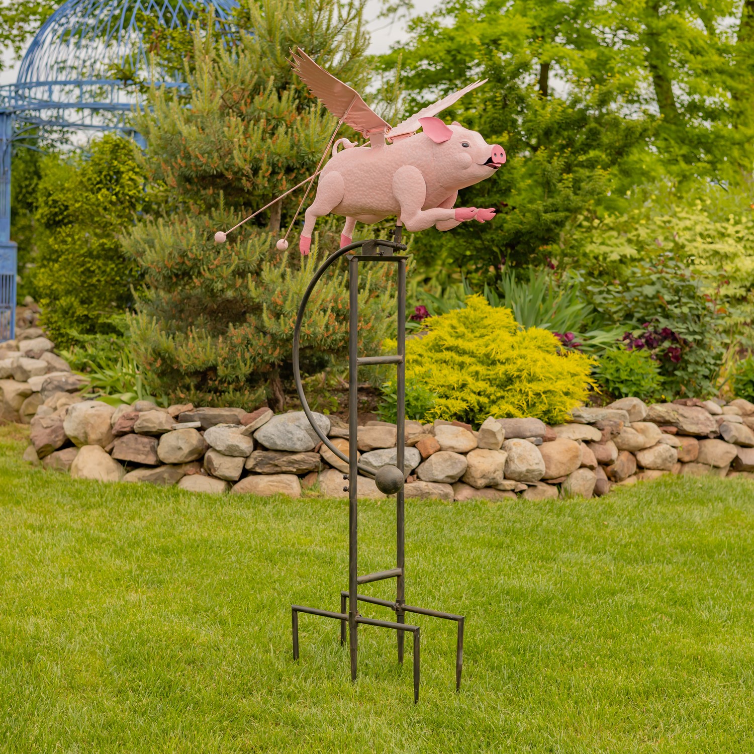 6.5ft. Tall Hand Painted Flying Pig Iron Rocking Stake 