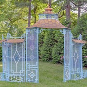 Zaer Ltd. International 16ft. Long Pagoda Style Iron Garden Gate w/4 Planters in Soft Blue "Batumi" ZR230426-LB View 2