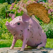 Zaer Ltd International 30.5" Tall Flying Pink Iron Pig Statue with Golden Wings "Rachael" ZR220221 View 2