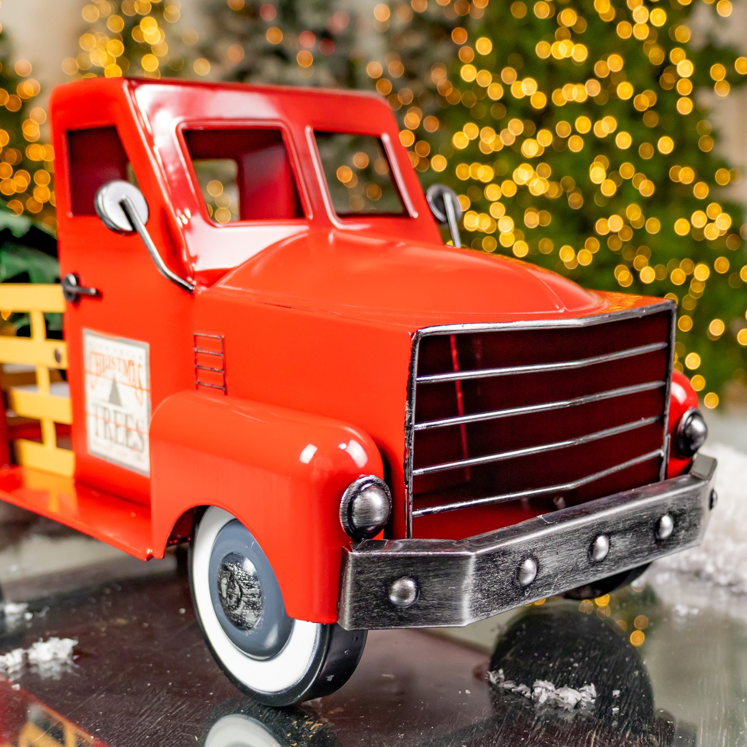 Small Red Iron Pickup Truck with Christmas Tree