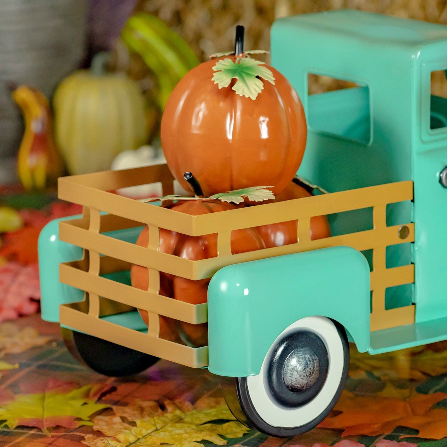 Small Harvest Pickup Truck with Pumpkins in Antique Teal