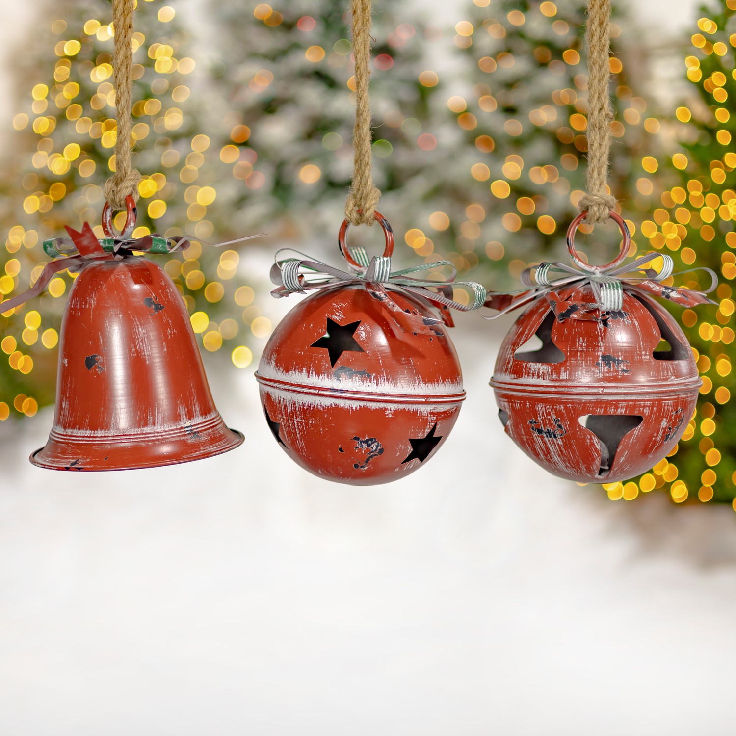 Large Red Metal Christmas Bells in Vintage Farmhouse Style, Set of Three