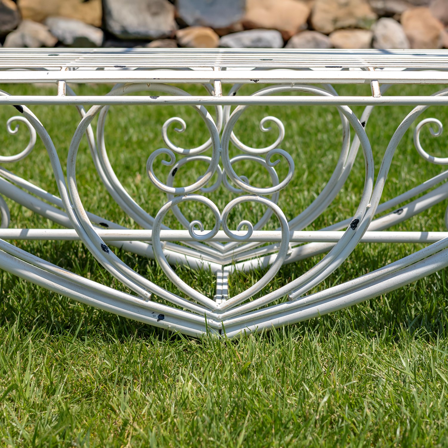6.8ft. Tall Heart-Shaped Iron Bench in Antique White 