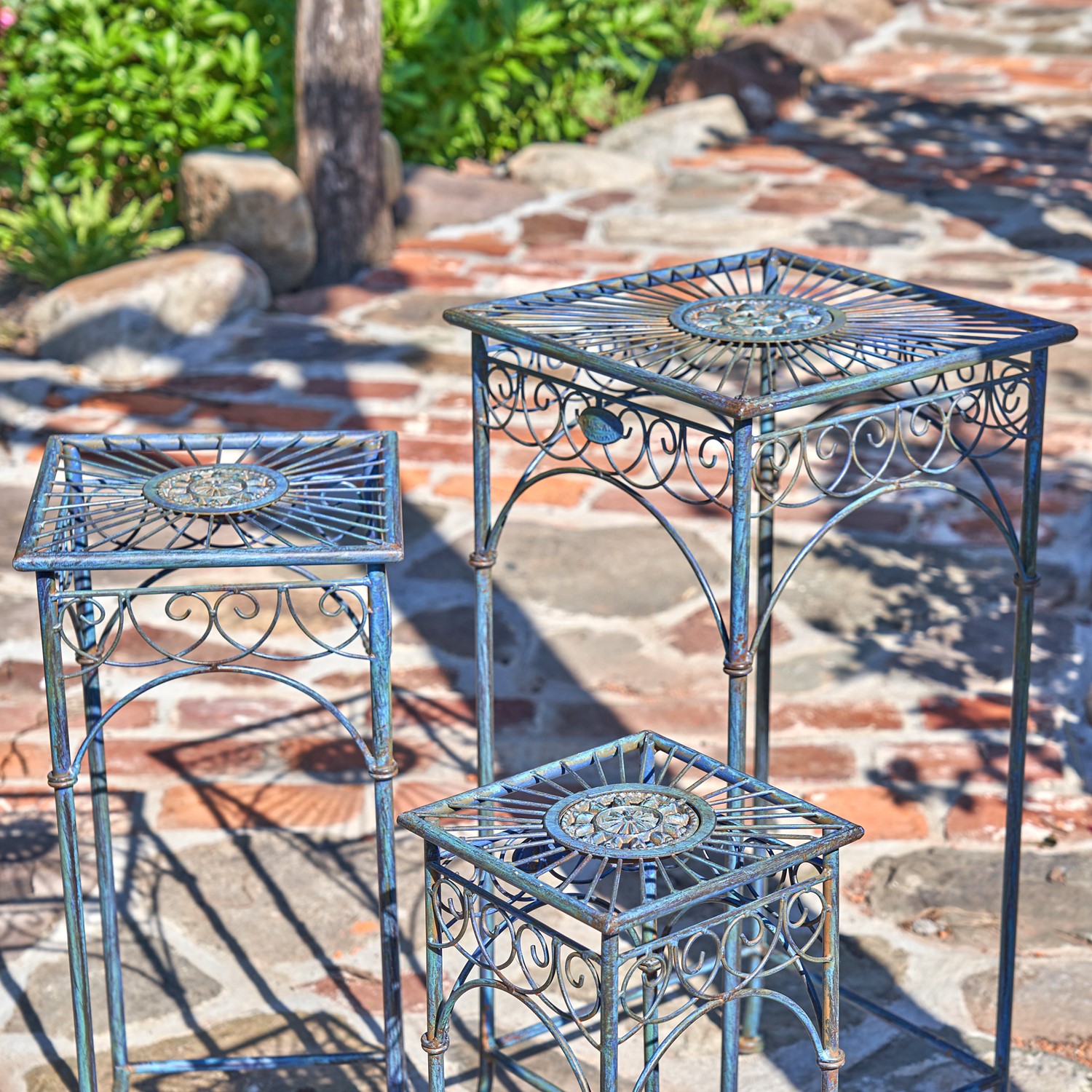Set of 3 Square Metal Plant Stand Tables in Cobalt Blue
