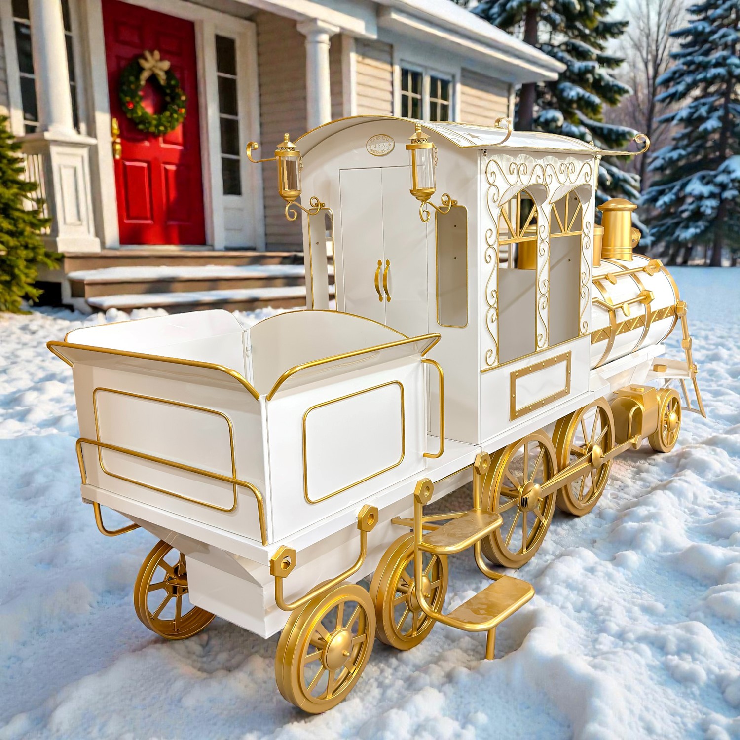 12.5ft. Long Large White & Gold Iron Train with Cart and Lanterns