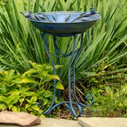 Zaer Ltd International Pre-Order: 31" Tall "Two Birds" Iron Birdbath with Frosted Blue Finish ZR180387-FB View 3