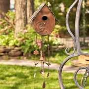 Zaer Ltd International Pre-Order: 38" Long Antique Copper Hanging Birdhouse Wind Chime "Farmhouse” ZR190557-C View 3