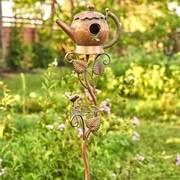 Zaer Ltd. International 65.75" Tall Antq. Copper Teapot Birdhouse Garden Stake "Victorian Style Teapot" ZR113168-6 View 3