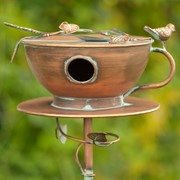 Zaer Ltd. International 63" Tall Tea Cup Birdhouse Garden Stake in Antique Copper LS213027 View 3