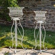 Zaer Ltd. International Set of 2 Standing Iron Basket Plant Stands in Antique White "London 1820" ZR191035-AW View 3