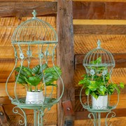 Zaer Ltd. International Pre-Order: Set/2 Hourglass Shaped Birdcage Plant Stands in Green "London 1820" ZR200527-GR View 3
