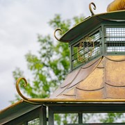 Zaer Ltd. International 16ft Long Pagoda Style Iron Garden Gate w/4Planters in Green-White-Gold "Batumi" ZR230426-GR View 3