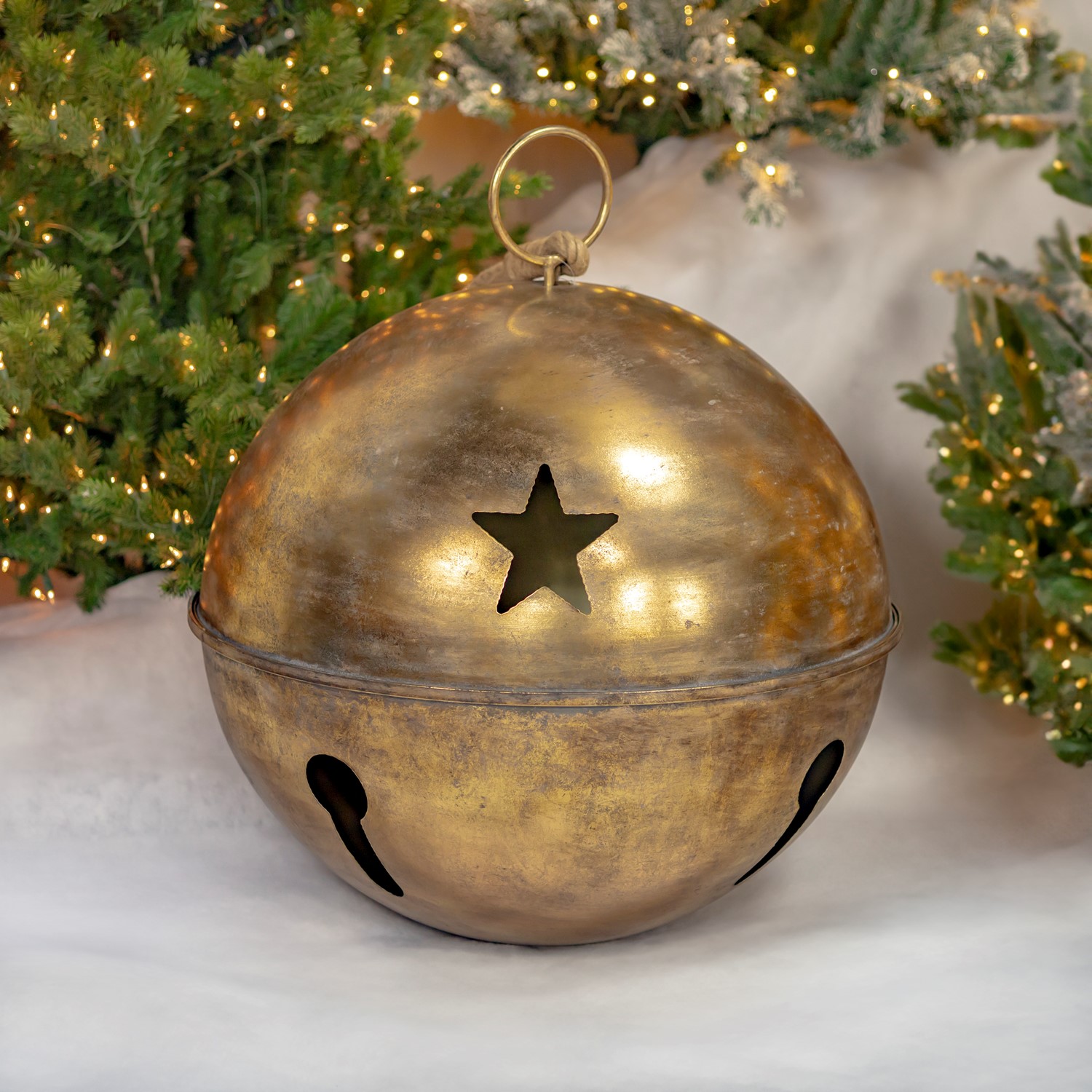 Set of 5 Antique Gold Hanging Iron Sleigh Bells with Star