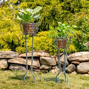 Zaer Ltd International Pre-Order: Set of 2 Tall Iron Basket Plant Stands in Antique Blue "Stephania" ZR139518-BL View 4
