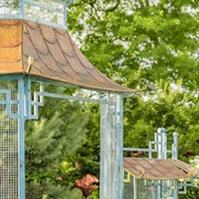 Zaer Ltd. International 16ft. Long Pagoda Style Iron Garden Gate w/4 Planters in Soft Blue "Batumi" ZR230426-LB View 4