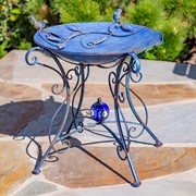 Zaer Ltd. International 23" Tall Iron Birdbath with Bird Details & Porcelain Accent in Blue "Rome 1945" ZR180891-BL View 4