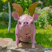 Zaer Ltd International 30.5" Tall Flying Pink Iron Pig Statue with Golden Wings "Rachael" ZR220221 View 5