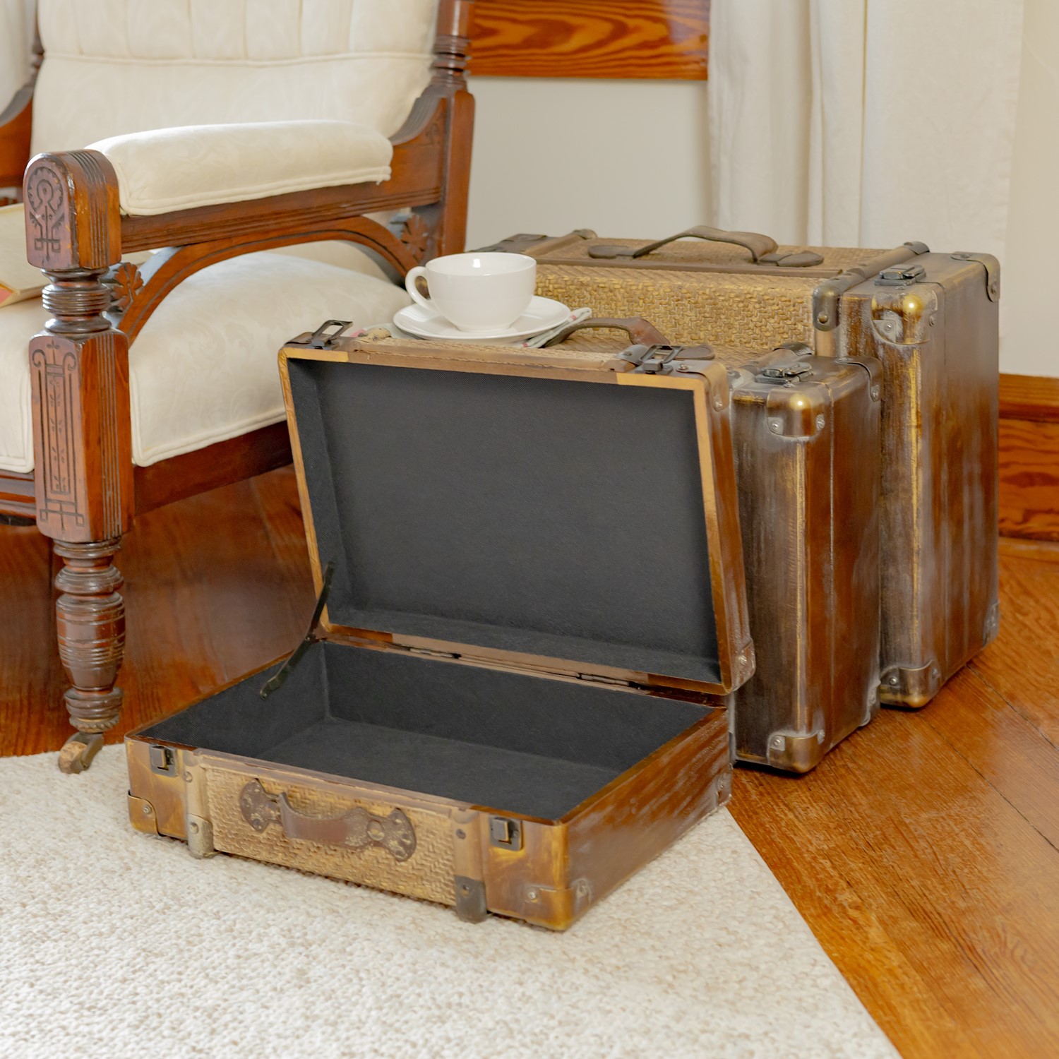 Set of 3 Weathered Bamboo Finish Suitcase Decor