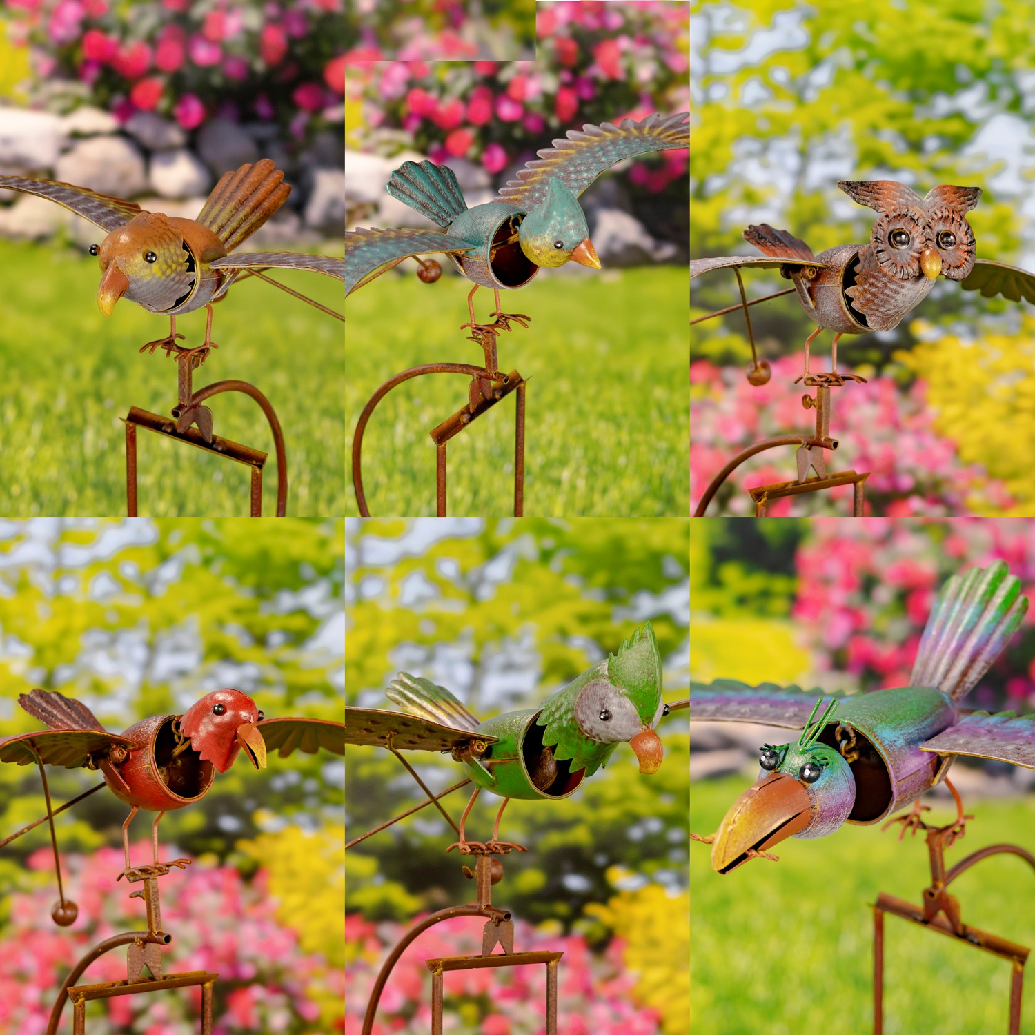 Set of 6 Assorted Colorful Metal Rocking Bird Garden Stakes