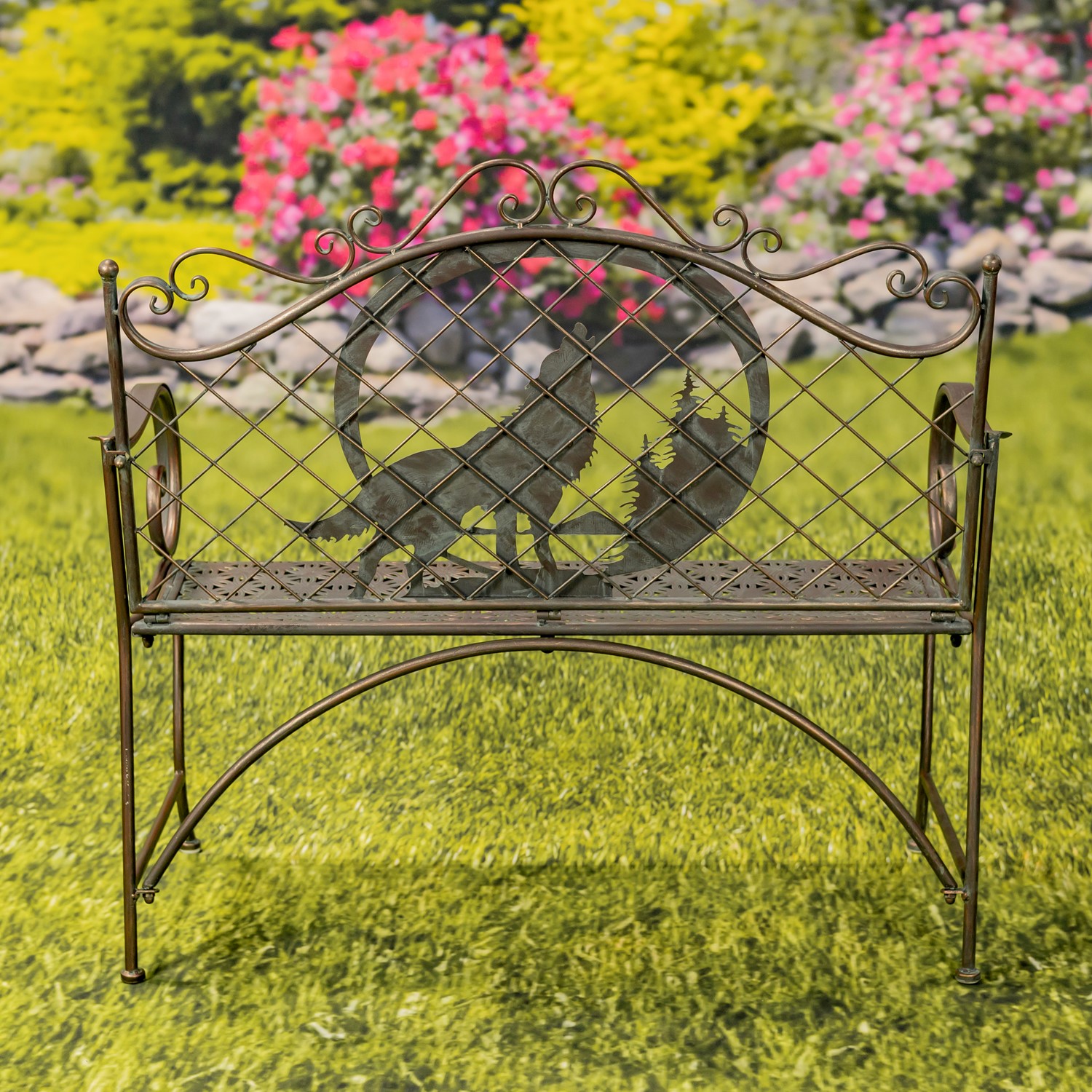 Classic Iron Garden Bench with Howling Wolf and Moon