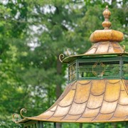 Zaer Ltd. International 16ft Long Pagoda Style Iron Garden Gate w/4Planters in Green-White-Gold "Batumi" ZR230426-GR View 8