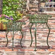 Zaer Ltd. International Set of 2 Standing Iron Plant Stands with Round Baskets in Ant. Green "Stephania" ZR220385-GR View 8