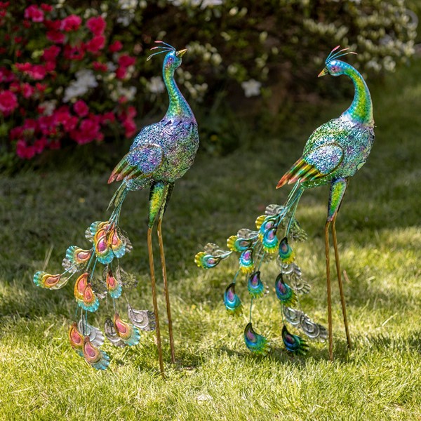 Set of Two 35" Tall Standing Colorful Iron Peacocks