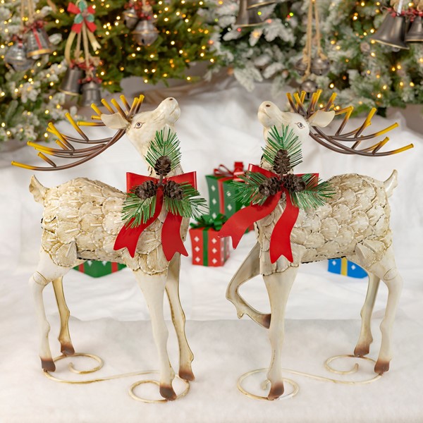 Set of 2 31.5" Tall Medium Iron Reindeer with Pinecone Bow
