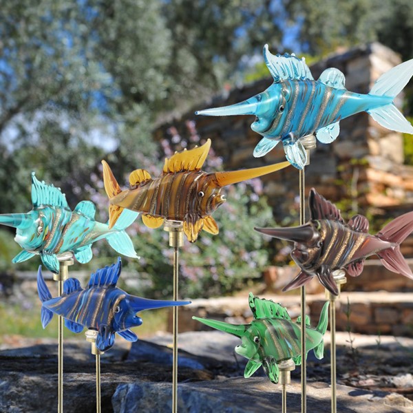 Hand Painted Glass Swordfish on Gold-Plated Iron Pot Sticks in 6 Assorted Styles