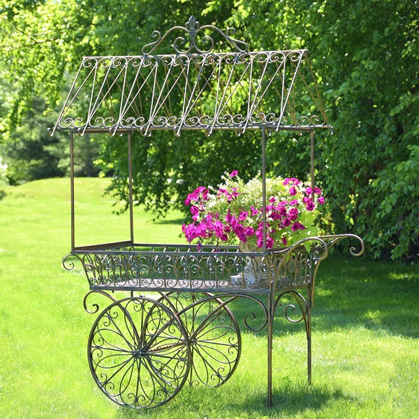 7.9ft. Tall Antique Style Iron Flower Cart in Antique Bronze "Paris 1968”
