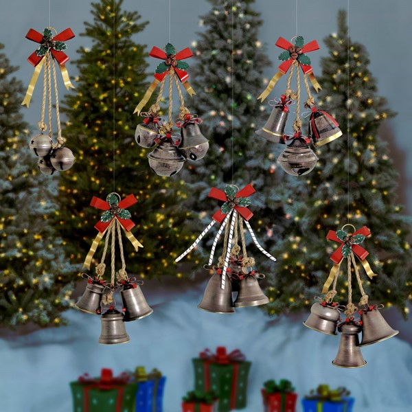 Set of 6 Old World Galvanized Christmas Bells with Bows