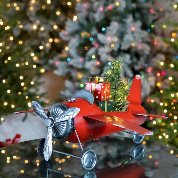 Small Red Airplane with Lighted Christmas Tree and Gifts