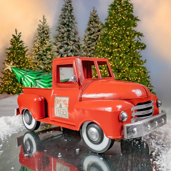 Small Red Iron Pickup Truck with Christmas Tree