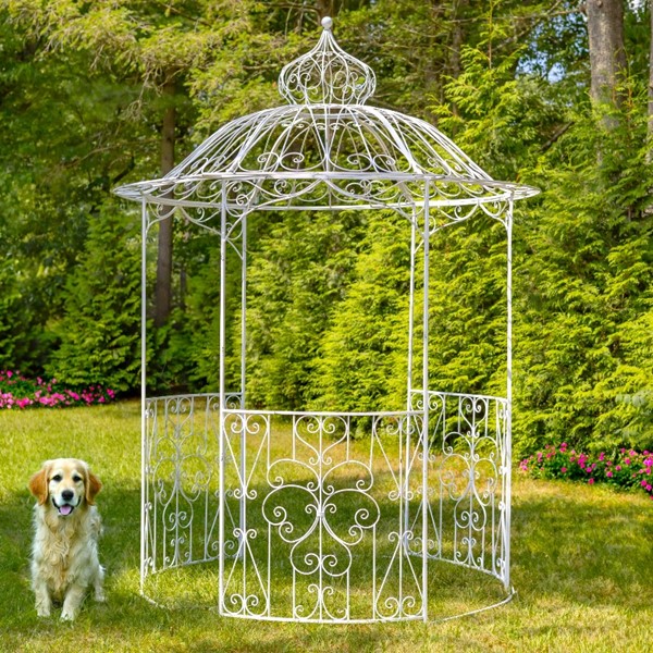 11ft. Tall Round Iron Gazebo with Four Side Walls & Flower Baskets in  Antique Green 