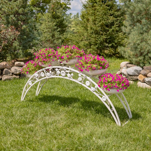 5ft Long Blue Bridge-Like Iron Plant Stand with Five Bronze